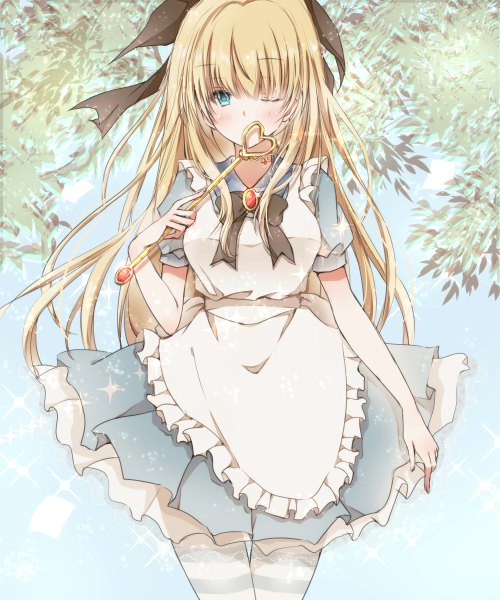 Anime picture 1000x1200 with alice in wonderland original hiro (hirohiro31) single long hair tall image looking at viewer blush blue eyes blonde hair one eye closed wink girl thighhighs dress ribbon (ribbons) hair ribbon white thighhighs wand