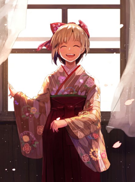 Anime picture 740x1000 with idolmaster idolmaster cinderella girls aiba yumi holysnow single tall image fringe short hair open mouth blonde hair standing indoors eyes closed traditional clothes wind sunlight teeth floral print laughing girl