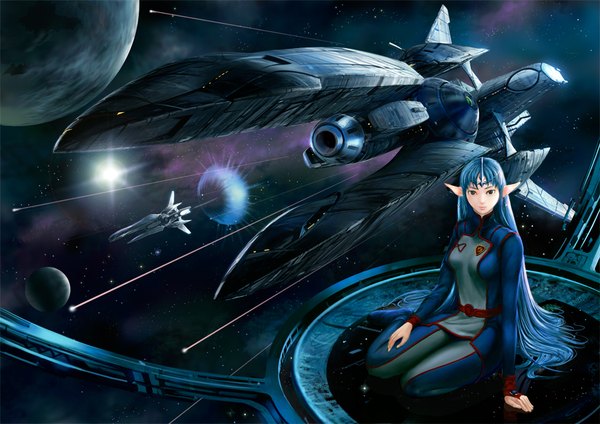 Anime picture 950x672 with seikai no senki lafiel shinjiro nobayashi noba single long hair looking at viewer fringe sitting blue hair bent knee (knees) lips pointy ears black eyes realistic arm support hand on hip yokozuwari space military