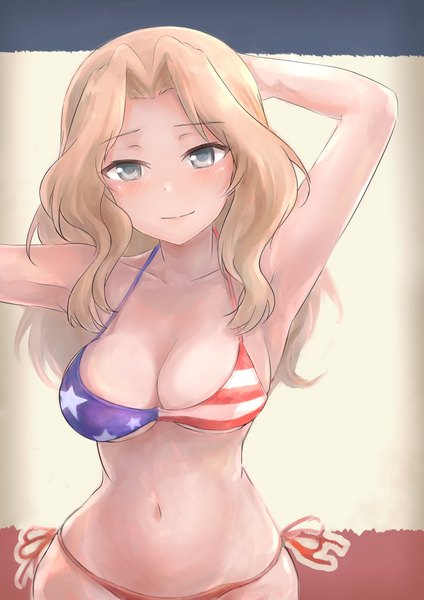 Anime picture 2894x4093 with girls und panzer kay (girls und panzer) ennui orz single long hair tall image looking at viewer blush fringe highres breasts light erotic simple background blonde hair smile large breasts standing payot cleavage arm up