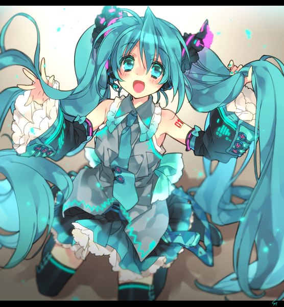 Anime picture 800x863 with vocaloid hatsune miku toujou sakana single tall image looking at viewer blush fringe open mouth hair between eyes twintails bare shoulders very long hair nail polish :d pleated skirt aqua eyes fingernails from above aqua hair