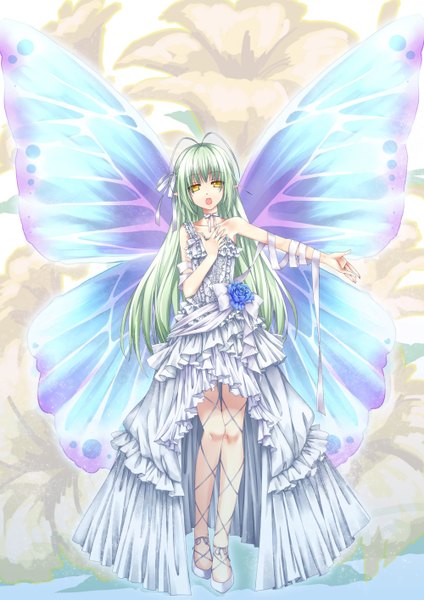 Anime picture 1000x1415 with original hika (cross-angel) single long hair tall image looking at viewer open mouth standing yellow eyes green hair insect wings singing butterfly wings girl dress hair ornament flower (flowers) ribbon (ribbons) hair ribbon wings