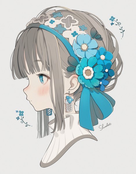 Anime picture 2166x2771 with original shiraho (color-56) single tall image fringe highres short hair blue eyes signed payot looking away upper body blunt bangs profile grey hair portrait girl earrings hairband