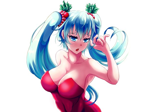 Anime picture 1024x768 with league of legends sona buvelle nak single long hair blush breasts open mouth blue eyes light erotic simple background large breasts white background twintails bare shoulders blue hair sleeveless christmas merry christmas girl