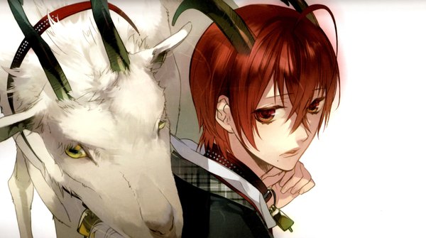 Anime picture 3215x1800 with starry sky yoh tomoe kazuaki highres short hair red eyes wide image yellow eyes absurdres ahoge red hair horn (horns) bell collar zodiac capricorn (zodiac) boy bell