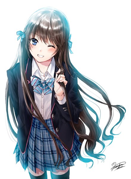 Anime picture 1080x1473 with original kazuharu kina single long hair tall image looking at viewer blush fringe blue eyes simple background smile hair between eyes brown hair standing white background signed pleated skirt one eye closed wink open clothes