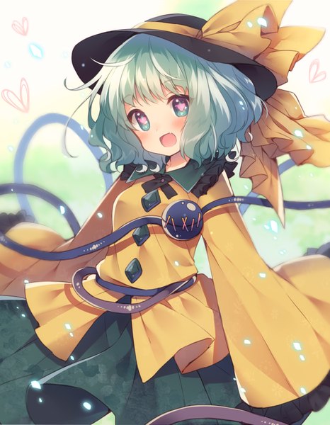 Anime picture 1400x1800 with touhou komeiji koishi usamata single tall image looking at viewer blush fringe short hair open mouth smile green eyes ahoge long sleeves head tilt :d green hair wide sleeves fang (fangs) symbol-shaped pupils