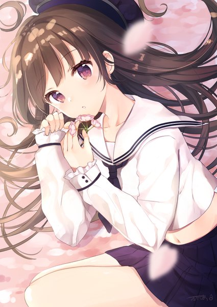 Anime picture 1032x1457 with original yushima single long hair tall image looking at viewer blush fringe red eyes brown hair holding signed payot bent knee (knees) lying long sleeves parted lips pleated skirt blurry midriff