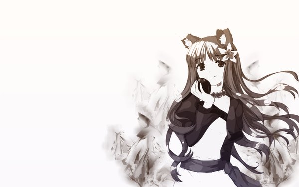 Anime picture 1440x900 with spice and wolf horo wide image white background animal ears wolf ears wolf girl girl flower (flowers) apple