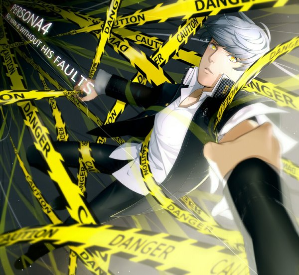 Anime picture 1167x1074 with persona 4 persona narukami yuu johnny lmd short hair yellow eyes grey hair inscription copyright name outstretched arm holding hands light open collar boy shirt pants suit caution tape