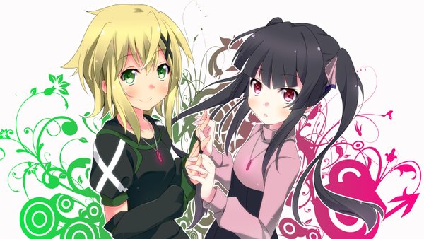 Anime picture 1500x845 with senki zesshou symphogear satelight tsukuyomi shirabe akatsuki kirika kurono yuzuko long hair looking at viewer blush short hair black hair blonde hair smile red eyes wide image twintails multiple girls green eyes holding hands serious girl