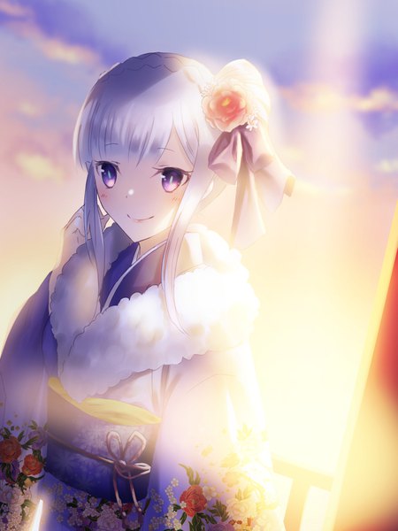 Anime picture 750x1000 with re:zero kara hajimeru isekai seikatsu white fox emilia (re:zero) ransui single long hair tall image looking at viewer blush fringe smile standing purple eyes payot sky silver hair cloud (clouds) outdoors traditional clothes japanese clothes