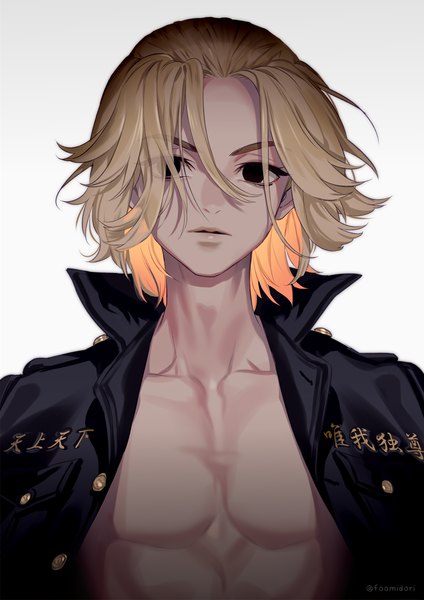 Anime picture 1000x1414 with tokyo revengers sano manjirou midori foo single tall image looking at viewer short hair simple background blonde hair white background signed upper body black eyes twitter username expressionless clothes on shoulders boy