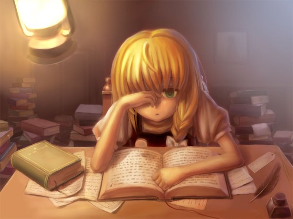 Anime picture 1267x950 with touhou kirisame marisa guang yiren single long hair blush open mouth blonde hair sitting green eyes reading no hat girl dress ribbon (ribbons) hair ribbon book (books) feather (feathers) chair table