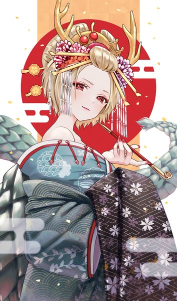 Anime picture 2059x3494 with touhou kicchou yachie torinari (dtvisu) single tall image looking at viewer highres short hair blonde hair red eyes upper body tail nail polish traditional clothes japanese clothes horn (horns) eyeshadow new year red nail polish dragon girl