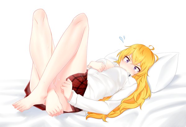 Anime picture 1900x1300 with rwby rooster teeth yang xiao long narynn single long hair looking at viewer blush fringe highres breasts light erotic simple background blonde hair hair between eyes large breasts white background purple eyes payot ahoge