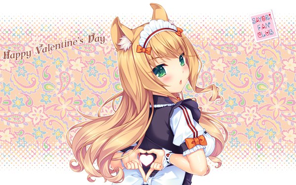 Anime picture 1920x1200 with neko paradise neko works (studio) maple (sayori) sayori single long hair looking at viewer blush fringe highres open mouth blonde hair green eyes looking back maid valentine floral background heart hands girl uniform