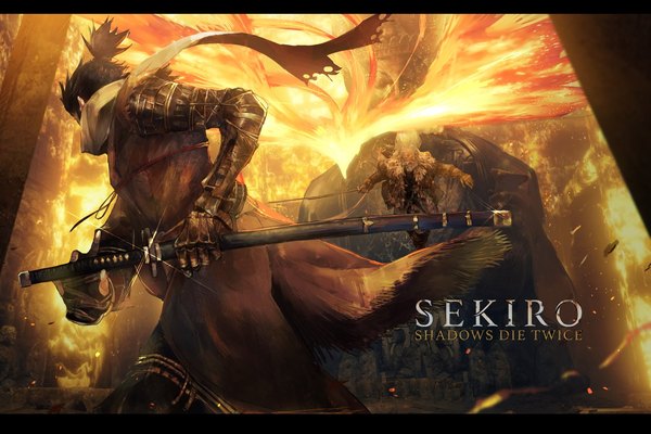 Anime picture 1500x1000 with sekiro: shadows die twice from software sekiro great shinobi owl mono (jdaj) short hair black hair standing holding white hair ponytail multiple boys copyright name letterboxed sheathed battle ready to draw father and son boy weapon