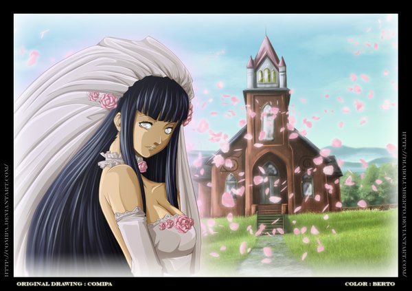 Anime picture 1513x1067 with naruto studio pierrot naruto (series) hyuuga hinata diabolumberto single long hair looking at viewer smile blue hair sky cloud (clouds) coloring white eyes no pupils girl dress flower (flowers) plant (plants) petals