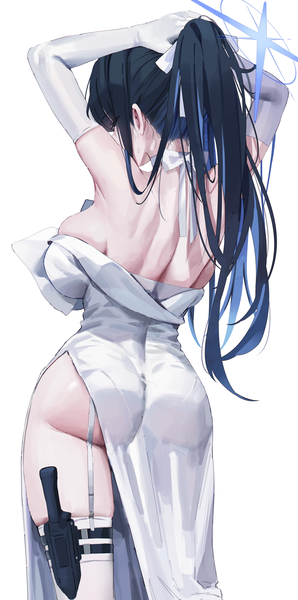 Anime-Bild 3729x7500 mit blue archive saori (blue archive) saori (dress) (blue archive) gompang 11 single long hair tall image highres breasts light erotic black hair simple background large breasts standing white background absurdres ass ponytail eyes closed multicolored hair