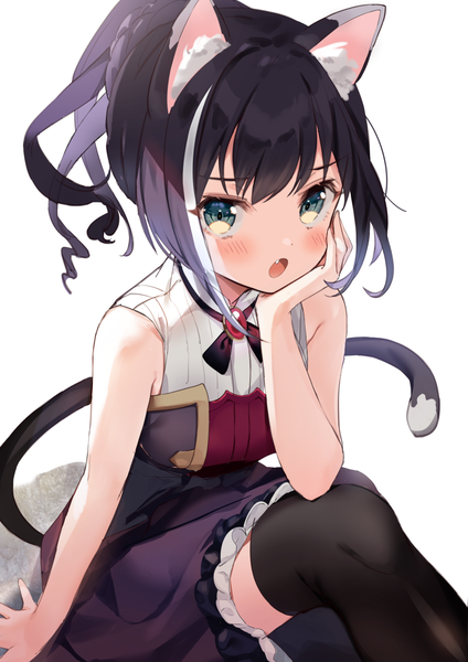 Anime picture 1302x1841 with princess connect! re:dive princess connect! karyl (princess connect!) kanda done single long hair tall image blush black hair simple background white background green eyes animal ears ponytail tail animal tail multicolored hair cat ears arm support two-tone hair
