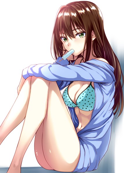 Anime picture 800x1119 with idolmaster idolmaster cinderella girls shibuya rin simon (n.s craft) single long hair tall image looking at viewer blush fringe breasts light erotic simple background hair between eyes brown hair white background holding green eyes cleavage off shoulder