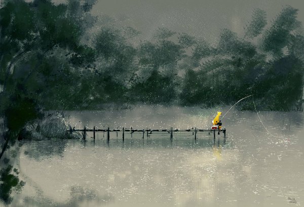 Anime picture 1024x701 with original pascal campion single sitting bent knee (knees) reflection ambiguous gender fishing plant (plants) tree (trees) water hood fishing rod