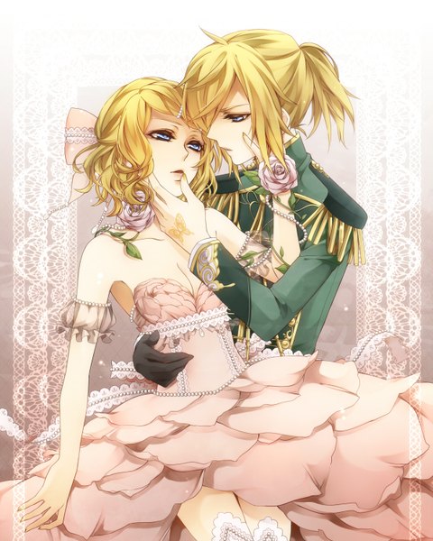 Anime picture 2400x3000 with vocaloid kagamine rin kagamine len rico (fbn3) tall image highres short hair blue eyes light erotic blonde hair cleavage ponytail alternate costume couple hand on head incest twincest girl thighhighs dress