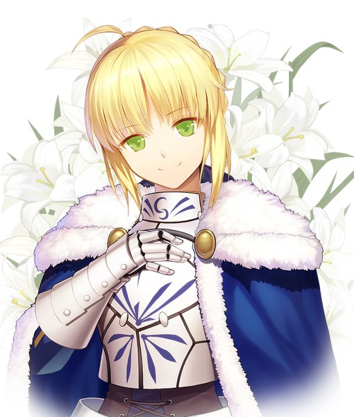 Anime picture 850x1000 with fate (series) fate/stay night artoria pendragon (all) saber vmax-ver (a3eilm2s2y) single tall image looking at viewer short hair blonde hair simple background smile white background green eyes ahoge braid (braids) head tilt puffy sleeves fur trim hand on chest