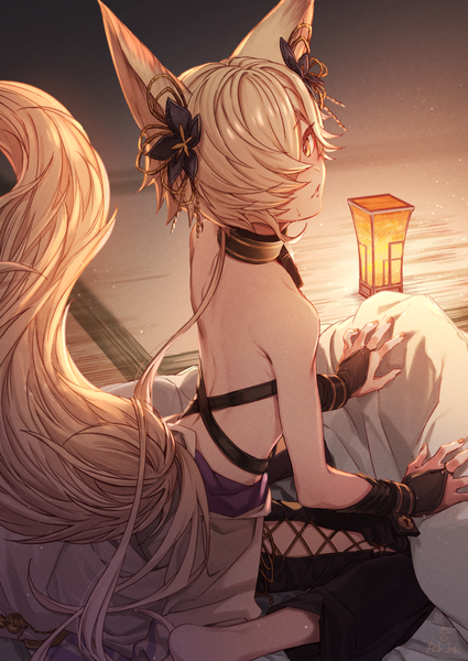 Anime picture 850x1200 with granblue fantasy kou (granblue fantasy) feb itk single tall image looking at viewer fringe short hair blonde hair sitting animal ears yellow eyes indoors tail animal tail hair over one eye fox ears back fox tail wariza