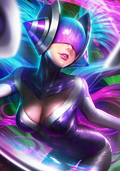 Anime picture 800x1132 with league of legends sona buvelle nudtawut thongmai single tall image breasts twintails very long hair multicolored hair lips realistic gradient hair girl bodysuit helmet