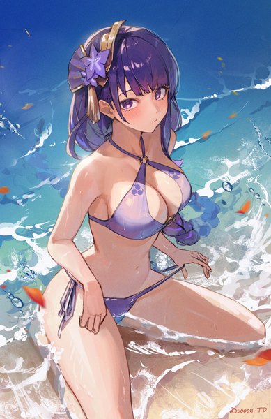 Anime picture 2192x3384 with genshin impact raiden shogun sooon single long hair tall image looking at viewer highres breasts light erotic large breasts sitting purple eyes signed purple hair from above mole mole under eye twitter username partially submerged