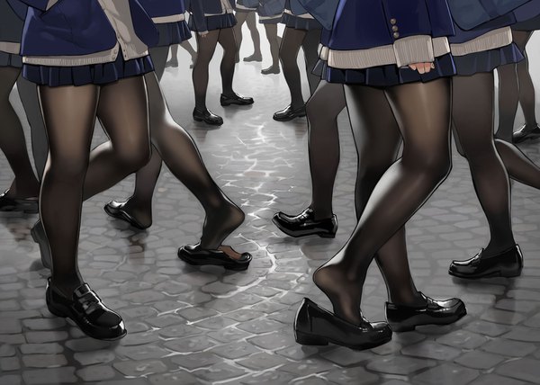 Anime-Bild 2181x1559 mit original yomu (sgt epper) highres multiple girls bent knee (knees) outdoors long sleeves pleated skirt from below legs thighs sleeves past wrists 6+ girls head out of frame walking hands in pockets shoe dangle girl skirt uniform