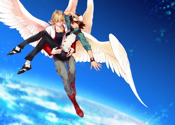 Anime picture 1200x858 with tiger & bunny sunrise (studio) kaburagi t. kotetsu barnaby brooks jr. siruphial short hair open mouth blonde hair brown hair holding brown eyes green eyes sky open clothes open jacket flying angel wings angel boy wings