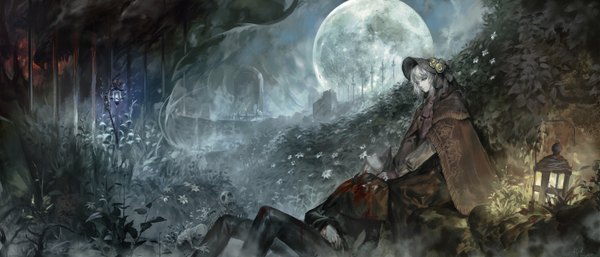 Anime picture 2800x1200 with bloodborne from software hunter (bloodborne) plain doll alcd long hair highres blue eyes wide image sitting signed lying pale skin scenic injury fog gothic death doll joints girl