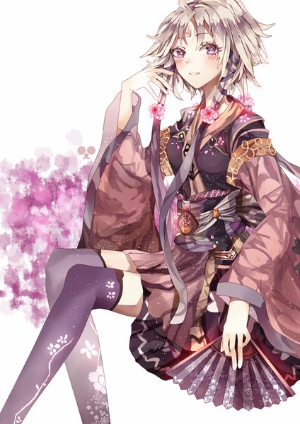 Anime picture 835x1181 with nadinehuifu single tall image blush fringe short hair open mouth smile white background sitting purple eyes long sleeves hair flower grey hair wide sleeves adjusting hair girl thighhighs hair ornament flower (flowers)