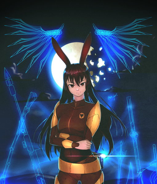 Anime picture 2236x2628 with rwby rooster teeth velvet scarlatina ar jart single long hair tall image looking at viewer fringe highres smile hair between eyes brown hair brown eyes signed animal ears sky night bunny ears night sky