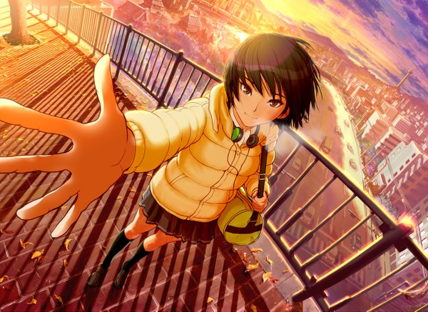 Anime picture 1280x933 with amagami nanasaki ai haitaka single short hair black hair brown eyes evening sunset cityscape exhalation girl skirt uniform school uniform miniskirt socks jacket leaf (leaves) black socks