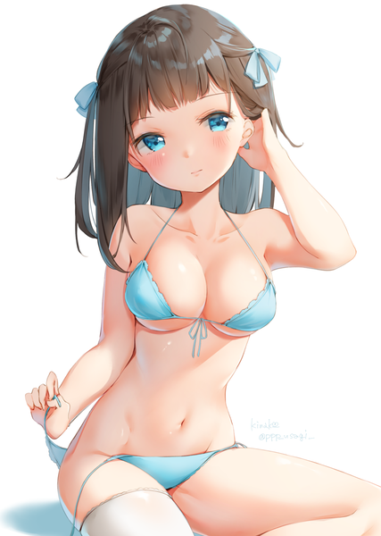 Anime picture 1210x1700 with original kinako (shiratama mochi) single long hair tall image looking at viewer blush fringe breasts blue eyes light erotic simple background brown hair large breasts white background sitting bare shoulders signed cleavage head tilt