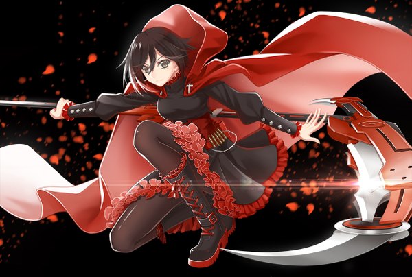 イラスト 1203x812 と rwby rooster teeth ruby rose cross akiha ソロ 前髪 短い髪 黒髪 simple background hair between eyes looking away bent knee (knees) 赤髪 long sleeves multicolored hair light smile 風 black eyes two-tone hair 壁紙