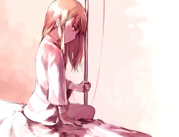 Anime picture 1422x1088 with original tan (tangent) single long hair fringe blonde hair sitting holding brown eyes looking away bent knee (knees) profile girl bed bandage (bandages) intravenous drip
