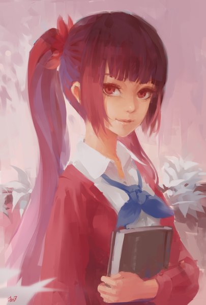 Anime picture 1181x1748 with utau dong fang zhi zi jn3 single long hair tall image looking at viewer fringe smile red eyes twintails red hair close-up open collar girl book (books)