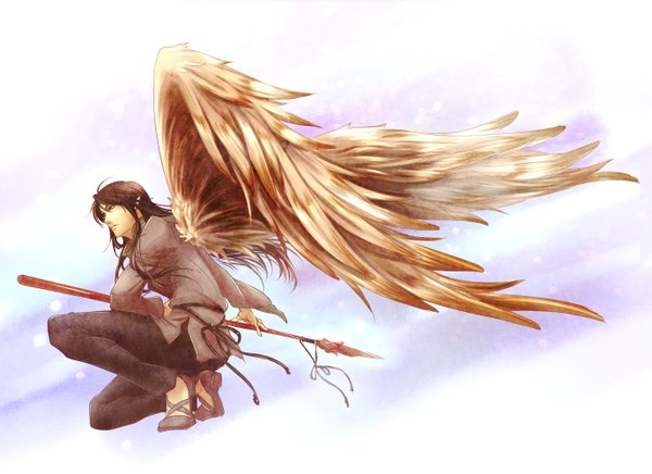 Anime picture 2750x2000 with tagme (copyright) v-sil single long hair highres blue eyes simple background brown hair pointy ears squat angel wings boy weapon wings belt spear