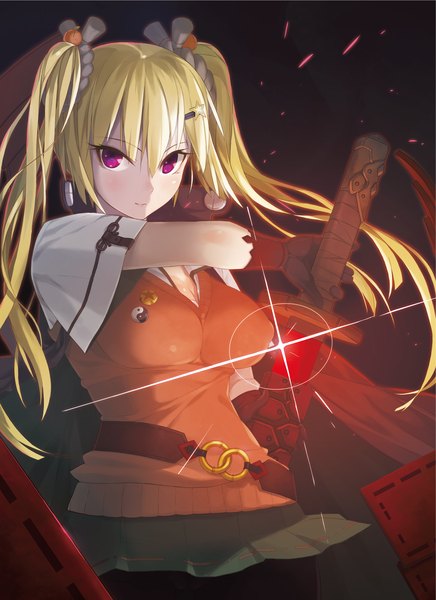 Anime picture 1602x2205 with original u nagi single long hair tall image looking at viewer blonde hair purple eyes twintails dark background girl skirt gloves hair ornament weapon sword katana