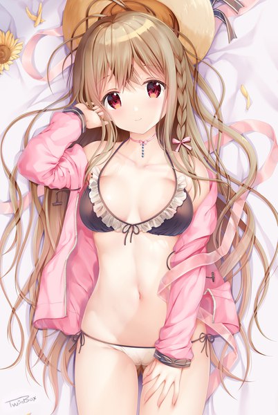 Anime picture 1341x2000 with original maeda shiori sousouman single long hair tall image looking at viewer blush fringe breasts light erotic smile red eyes brown hair payot ass lying braid (braids) long sleeves off shoulder