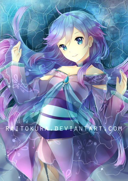 Anime picture 744x1052 with original raitokura (artist) single long hair tall image blue eyes smile bare shoulders purple hair traditional clothes japanese clothes multicolored hair two-tone hair girl choker belt kimono
