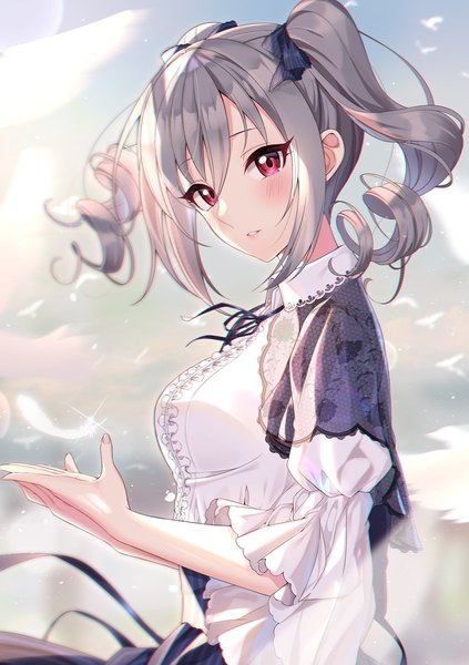 Anime picture 847x1200 with idolmaster idolmaster cinderella girls idolmaster cinderella girls starlight stage kanzaki ranko sutoroa single tall image looking at viewer blush fringe short hair red eyes twintails payot sky silver hair cloud (clouds) upper body outdoors long sleeves