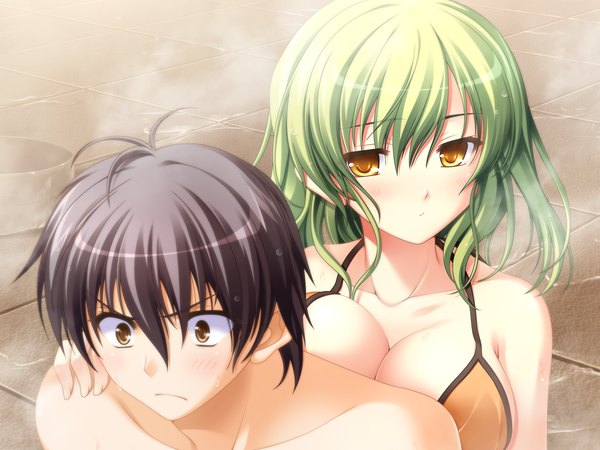 Anime picture 1600x1200 with tasogare no saki ni noboru ashita odawara hakone blush breasts light erotic black hair large breasts yellow eyes game cg green hair girl boy swimsuit bikini