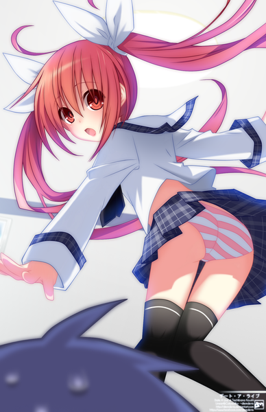 Anime picture 1300x2009 with date a live itsuka kotori diemdenis long hair tall image short hair open mouth light erotic black hair simple background white background twintails pink hair pleated skirt pink eyes looking back sweat pantyshot coloring spread arms
