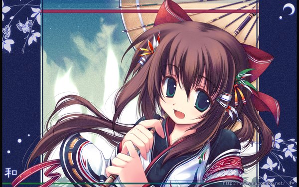 Anime picture 1920x1200 with original nagomi single long hair looking at viewer fringe highres open mouth hair between eyes brown hair wide image green eyes signed :d scan inscription wallpaper girl hair ornament bow